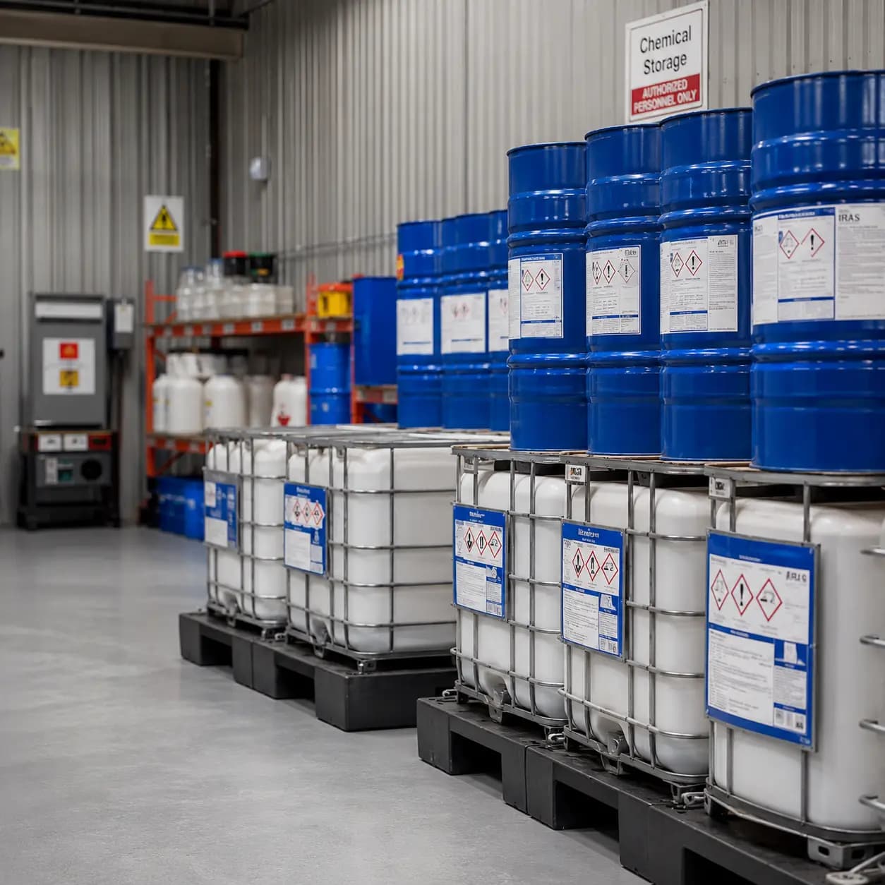 Almacén industrial con bidones químicos etiquetados según normativa GHS